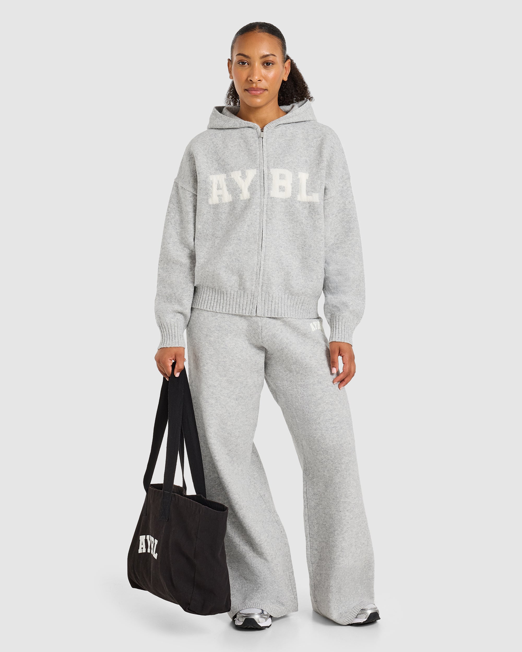 Varsity Oversized Knitted Zip Up Hoodie - Grijs Marl