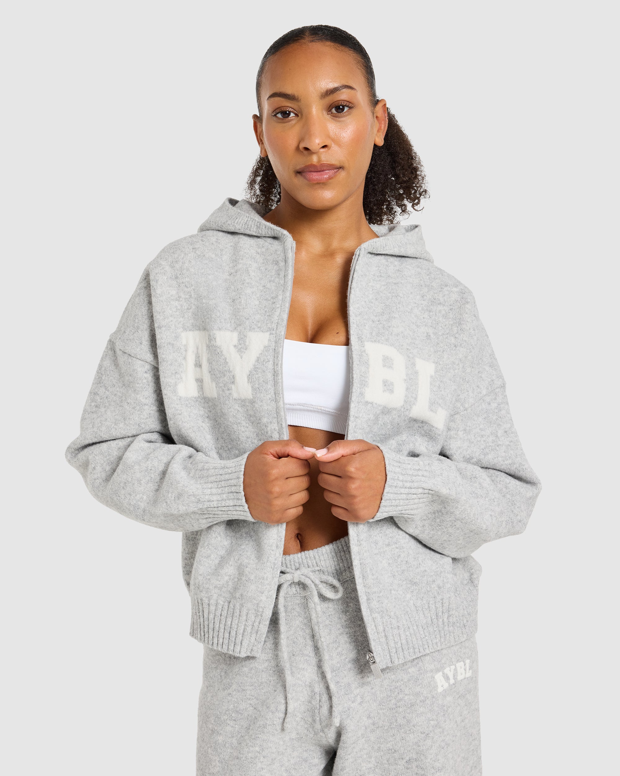 Varsity Oversized Knitted Zip Up Hoodie - Grijs Marl