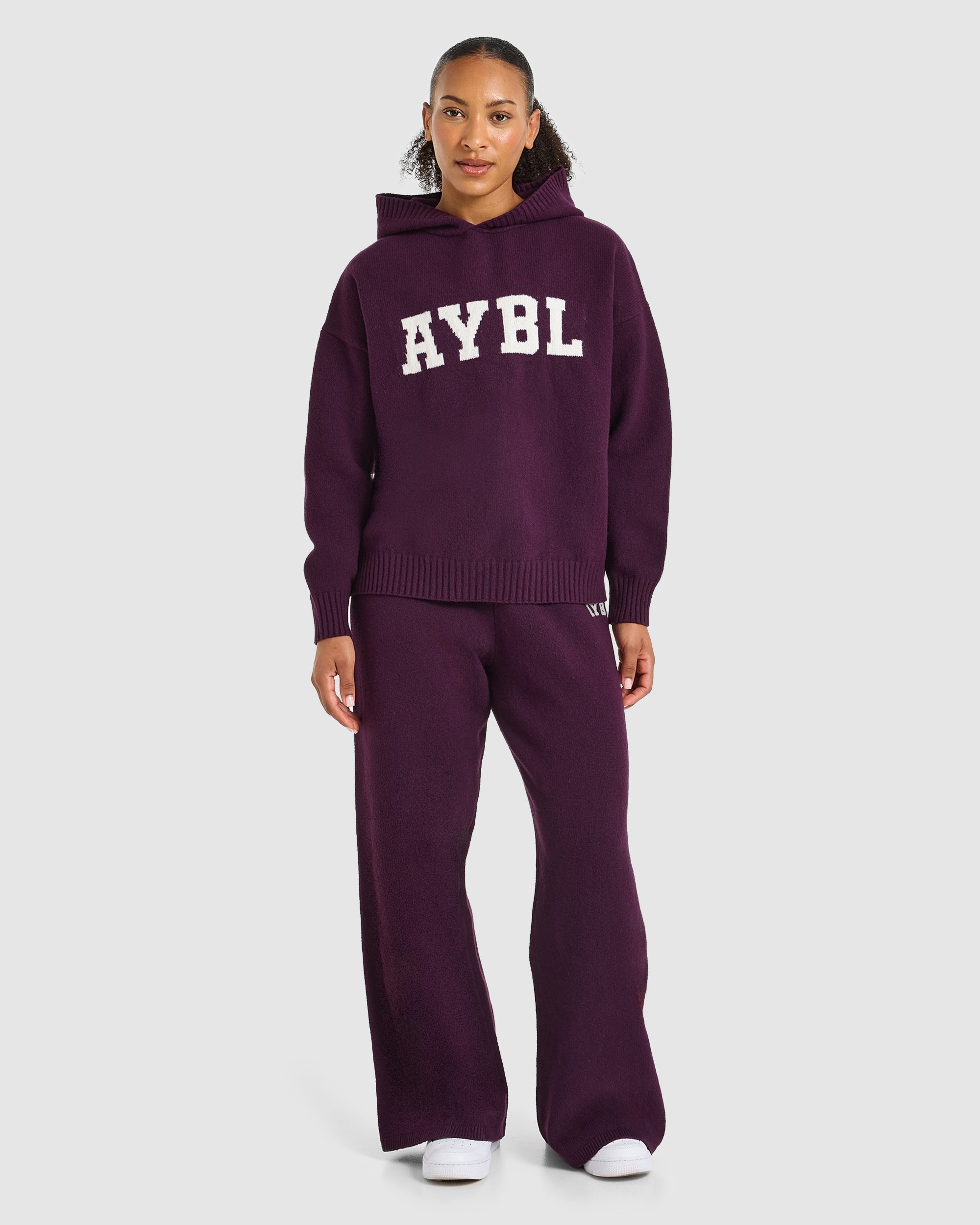 Varsity Oversized Knitted Hoodie - Plum