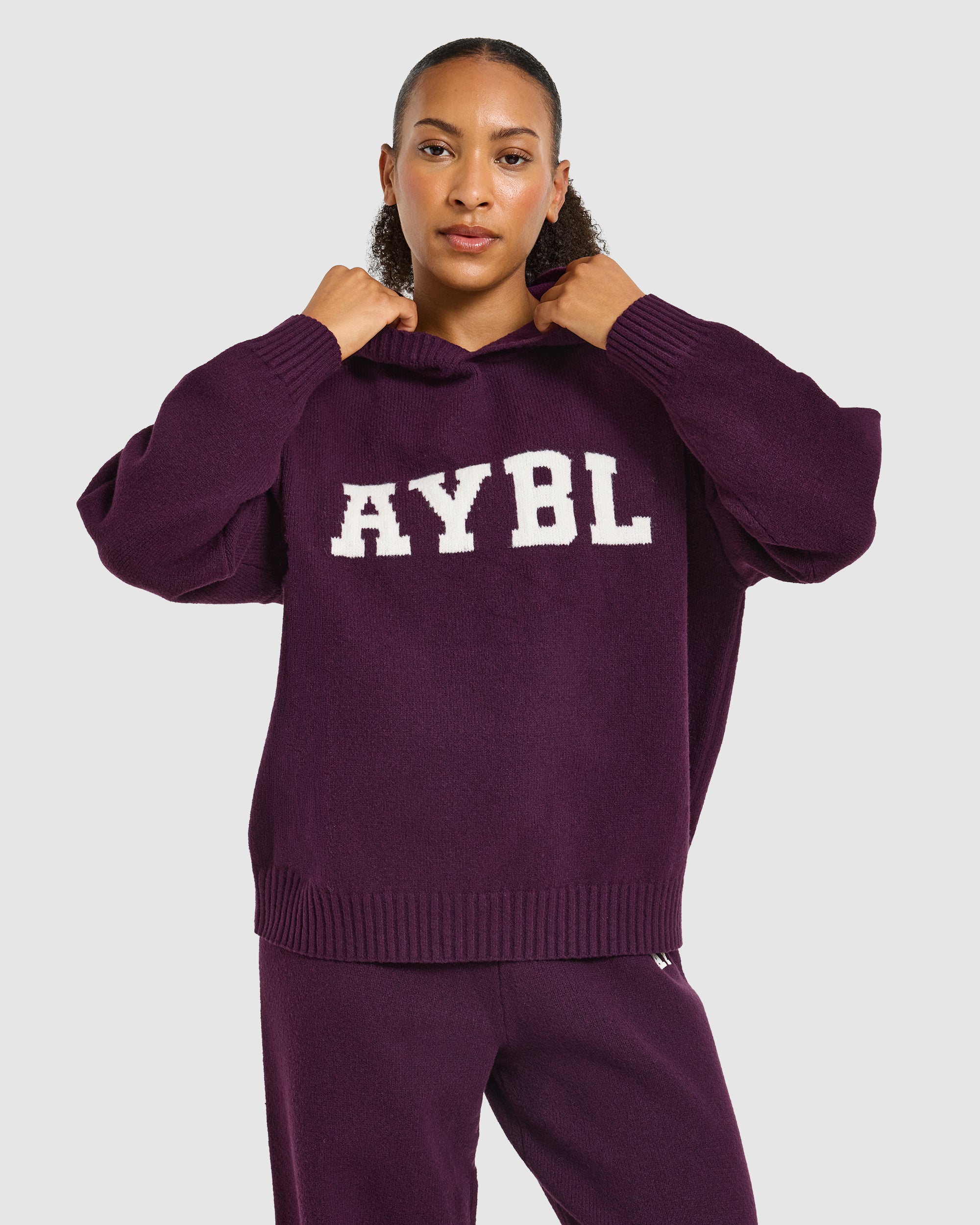 Varsity Oversized Knitted Hoodie - Plum