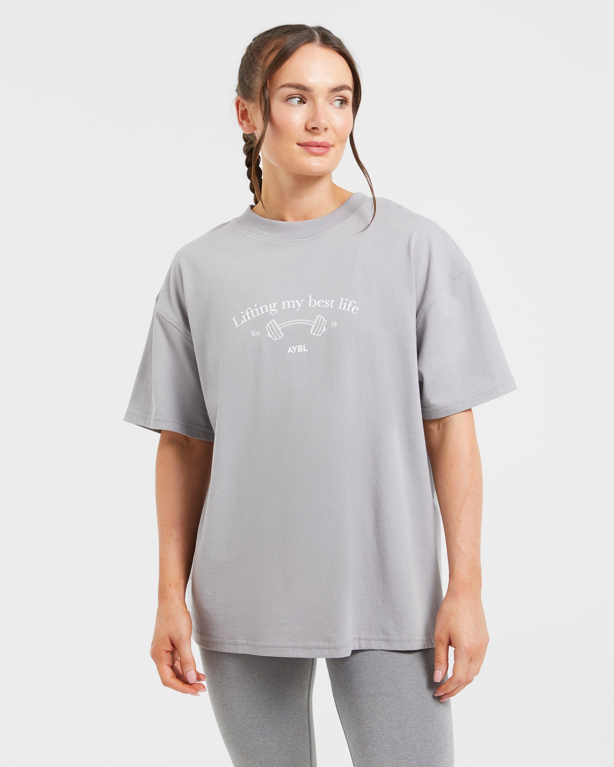 Lifting My Best Life Oversized T Shirt - Grijs