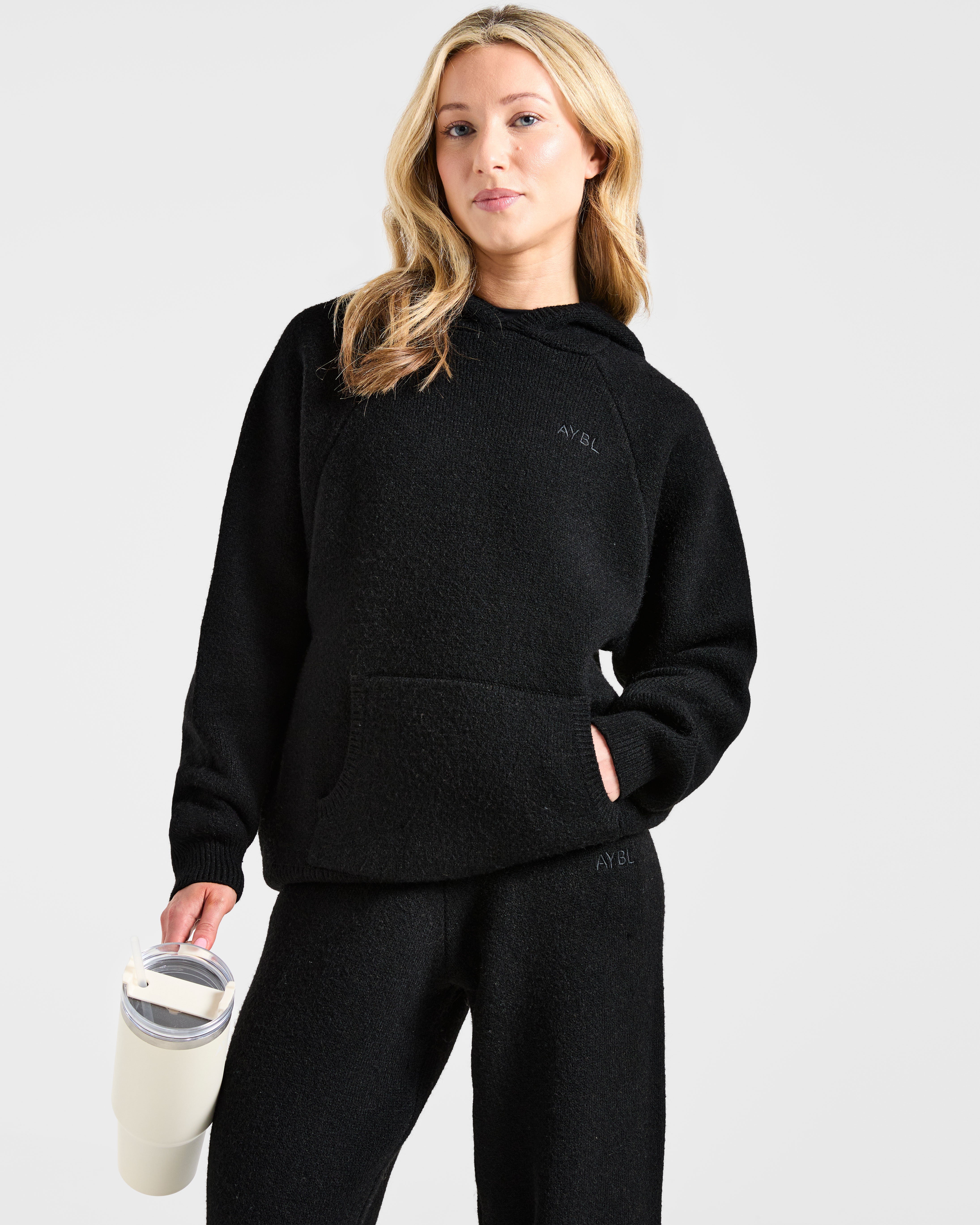 Soft Oversized Knitted Hoodie - Zwart