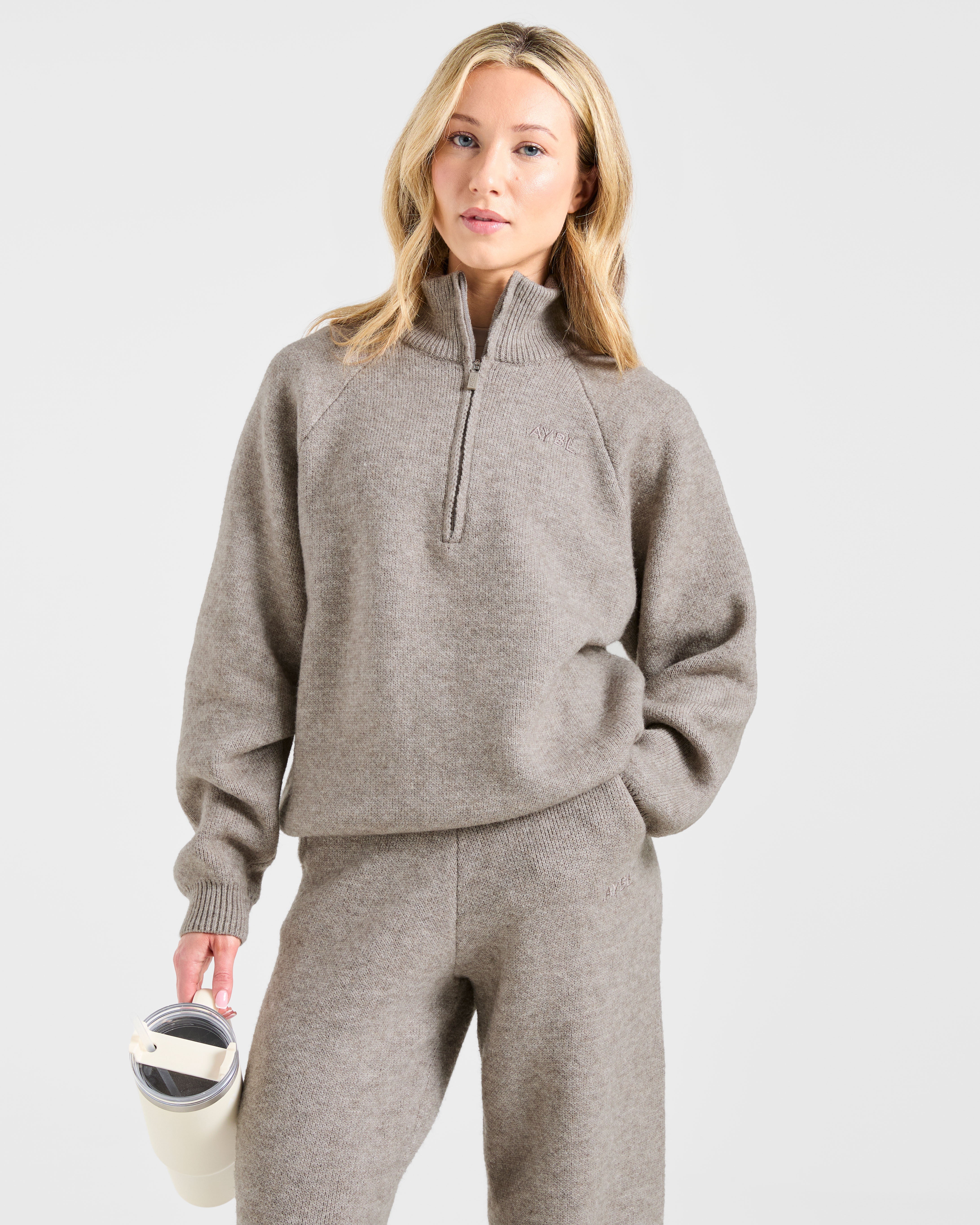 Soft Oversized Knitted 1/4 Zip - Bruin Marl