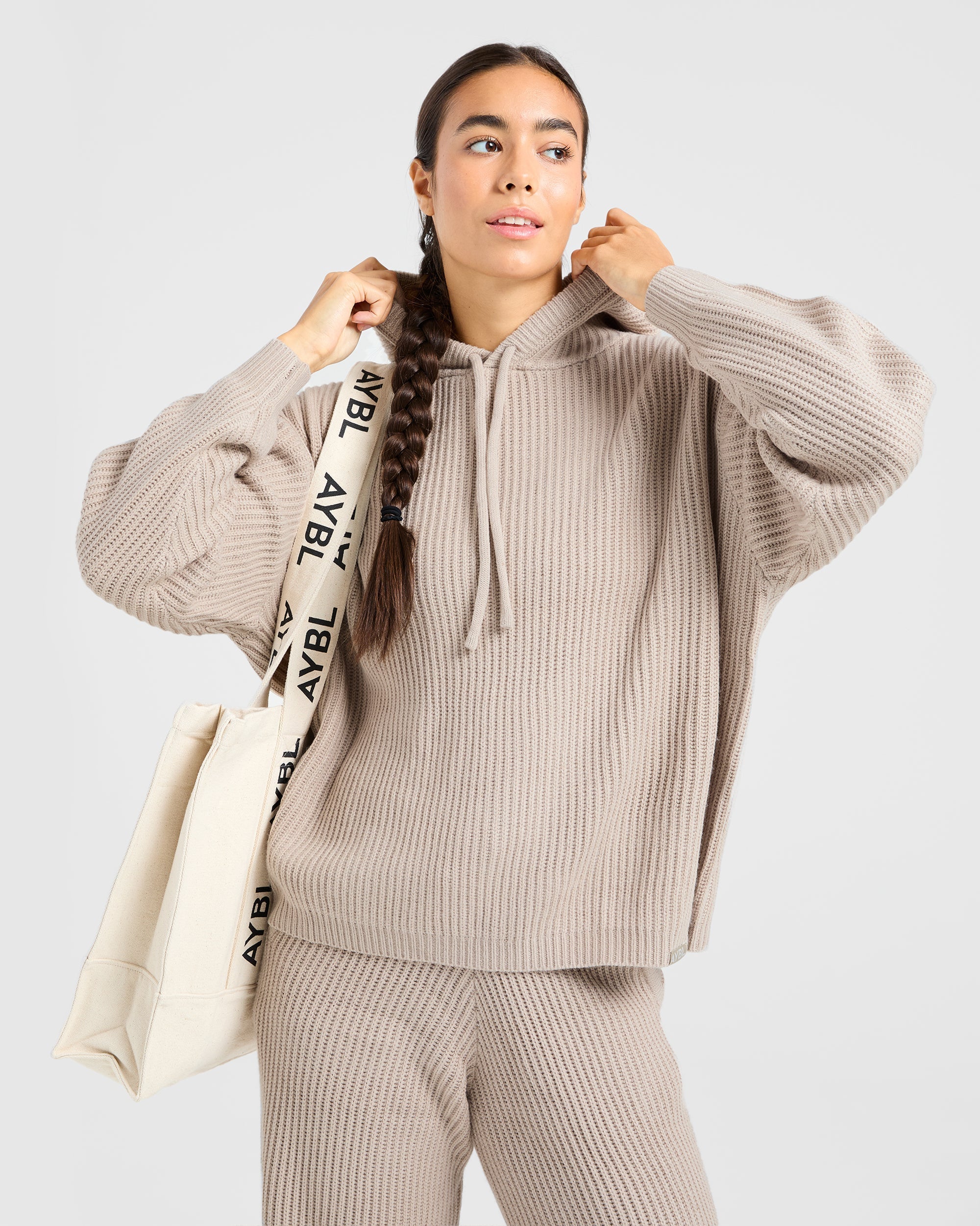 Lounge Oversized Knit Hoodie - Taupe Bruin