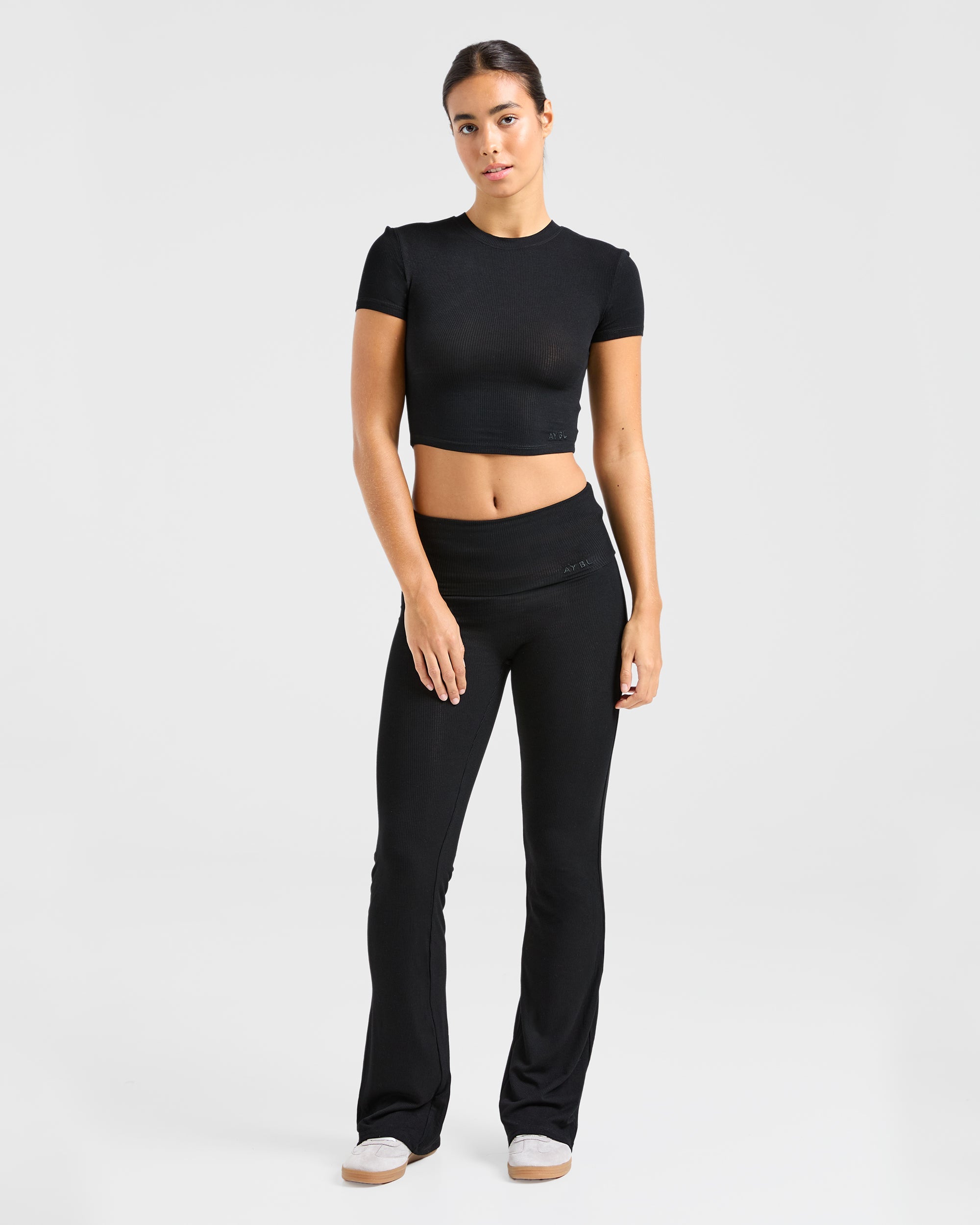 Lounge Ribbed Foldover Flared Leggings - Zwart