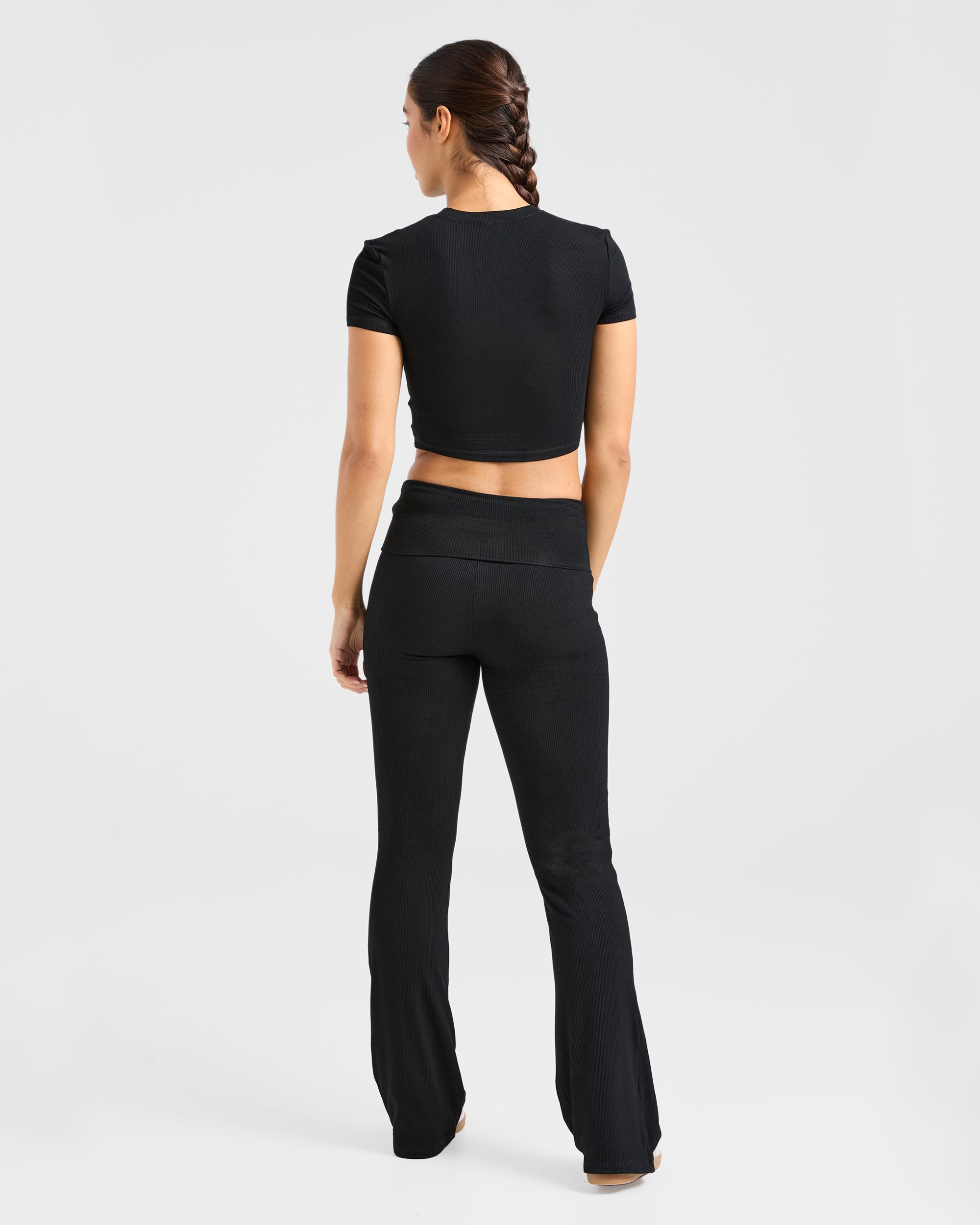 Lounge Ribbed Foldover Flared Leggings - Zwart