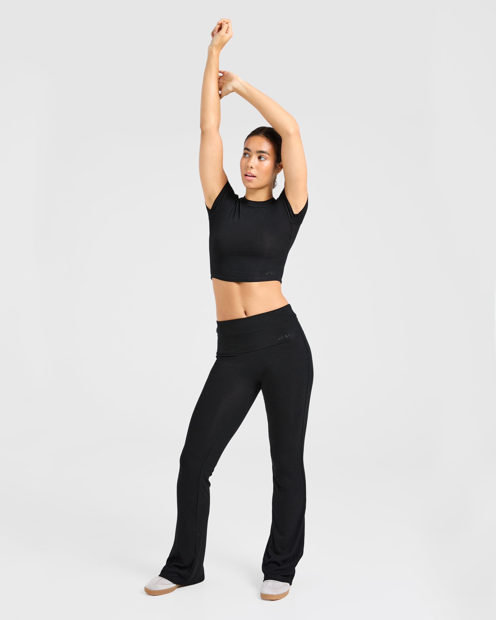 Lounge Ribbed Foldover Flared Leggings - Zwart