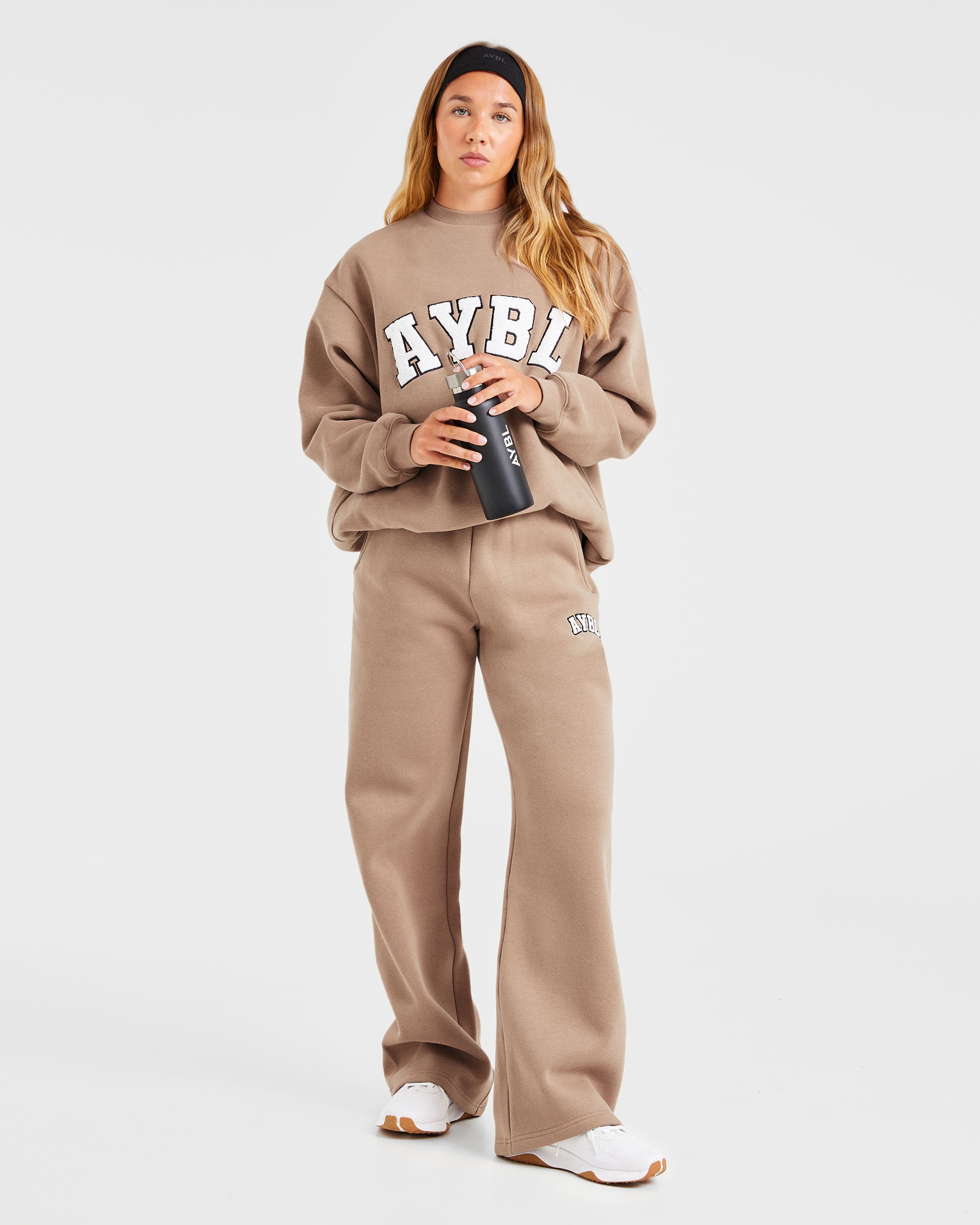 Varsity Oversized Straight Leg Joggers - Latte Bruin