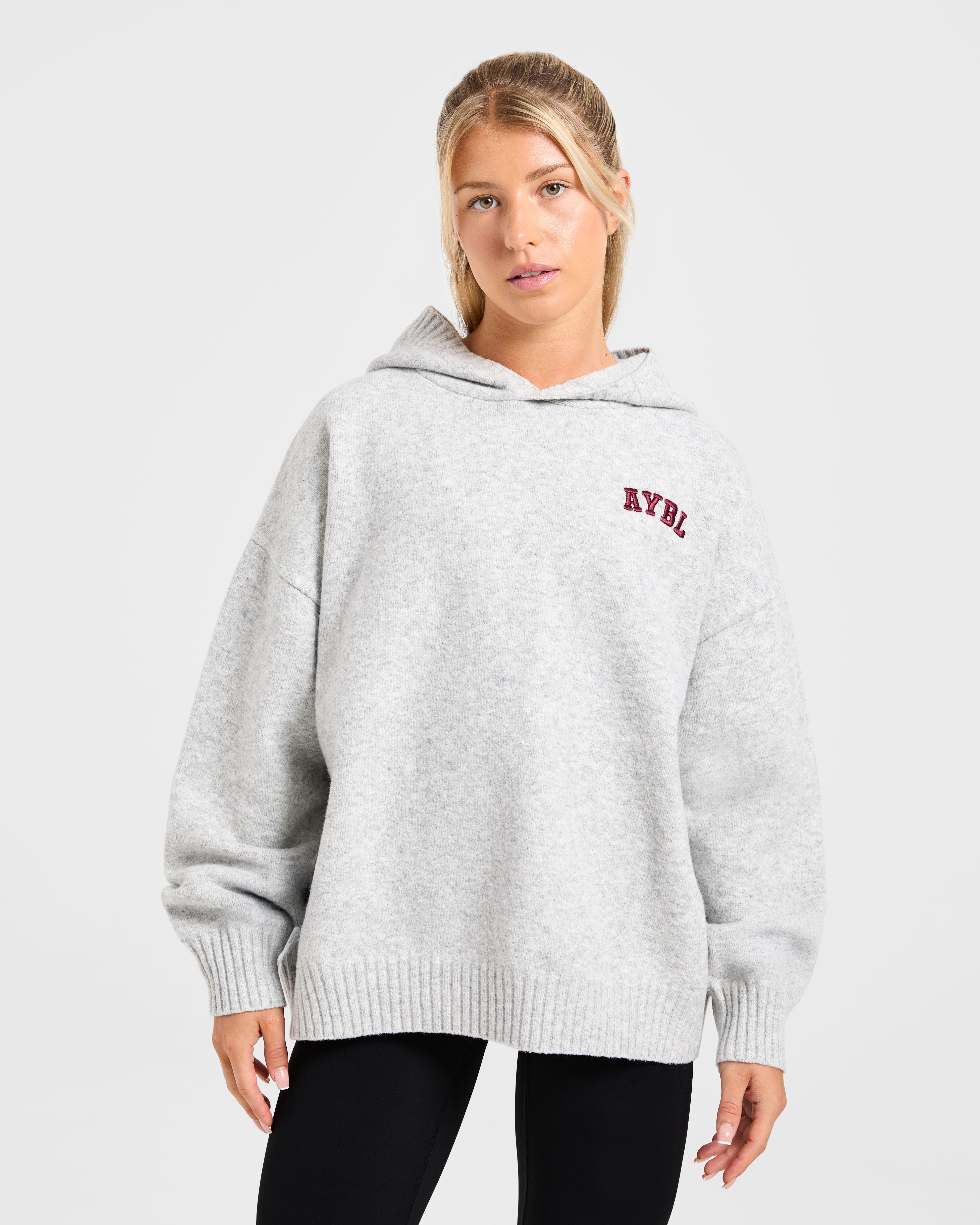Varsity Minimal Logo Oversized Knitted Hoodie - Grijs Marl/Burgundy