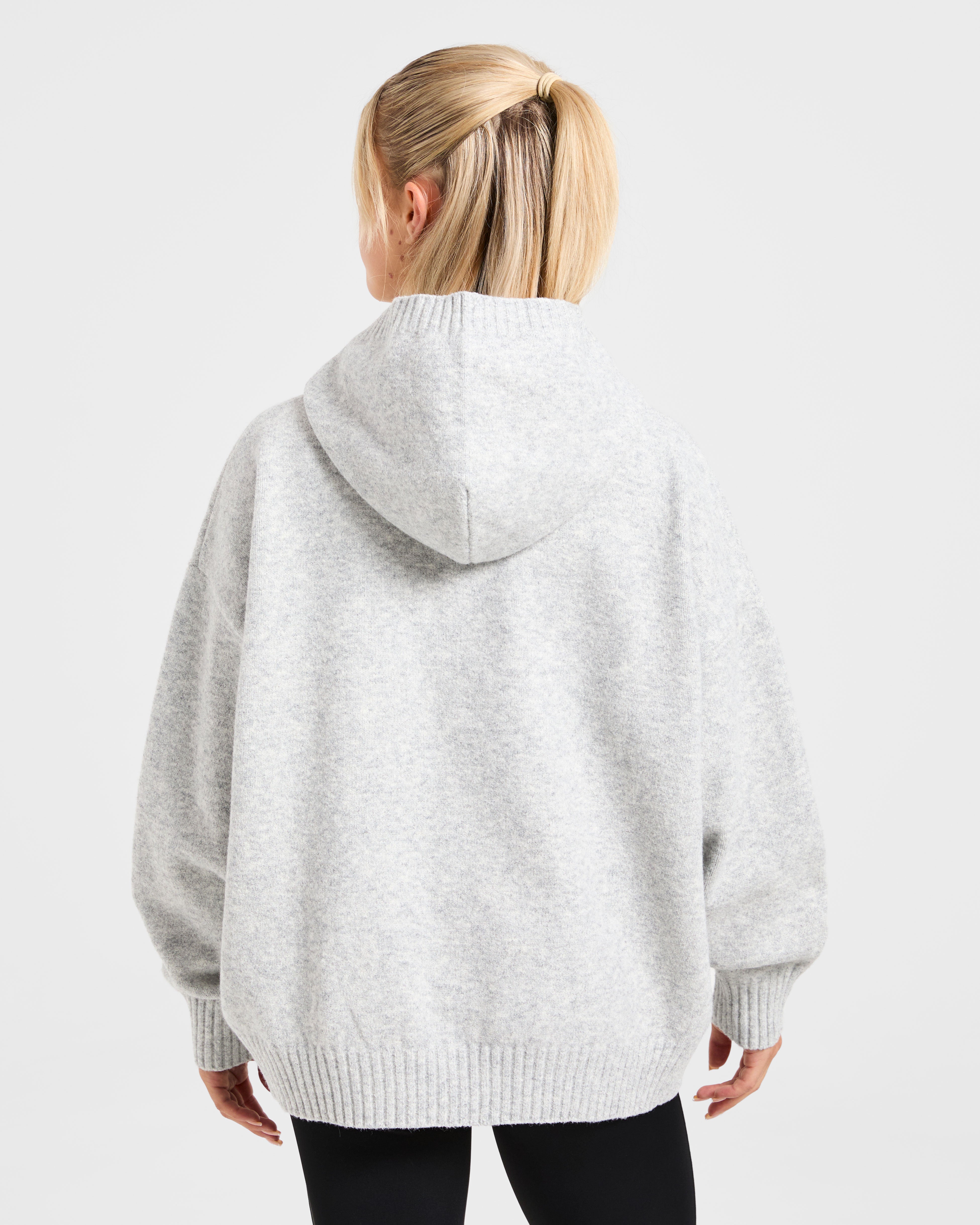 Varsity Minimal Logo Oversized Knitted Hoodie - Grijs Marl/Burgundy
