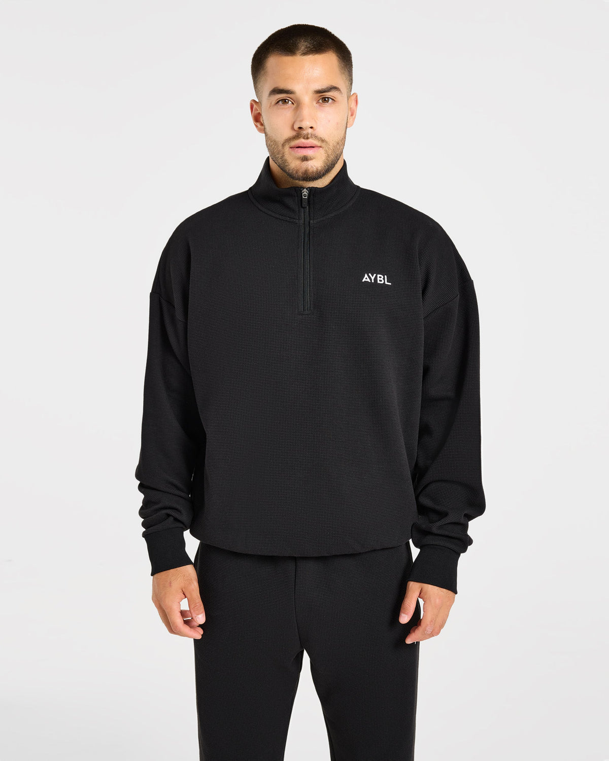 Waffle Oversized 1/4 Zip Pullover - Zwart