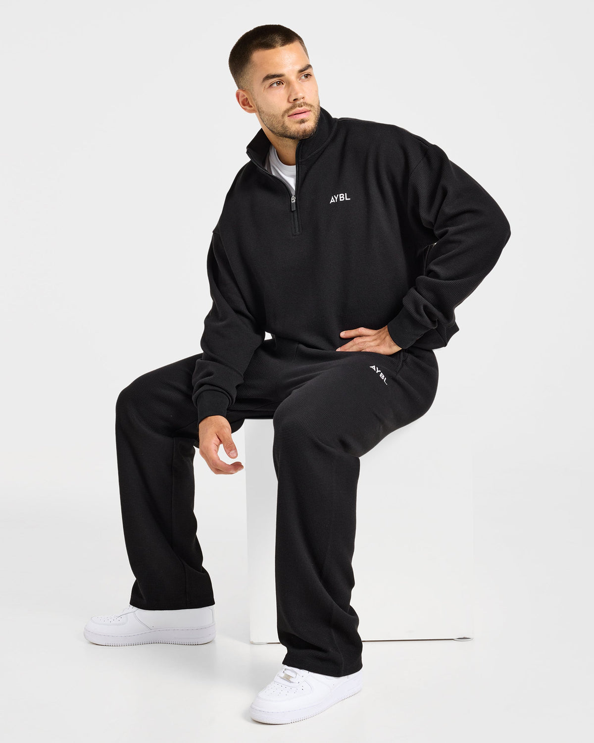 Waffle Oversized Straight Leg Joggers - Zwart