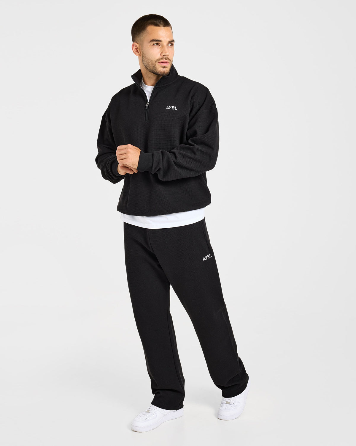 Waffle Oversized Straight Leg Joggers - Zwart