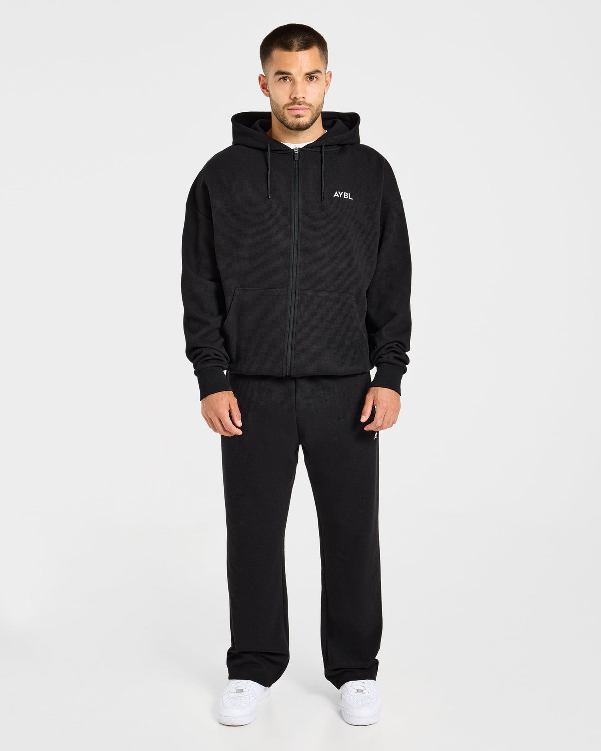 Waffle Oversized Full Zip Hoodie - Zwart
