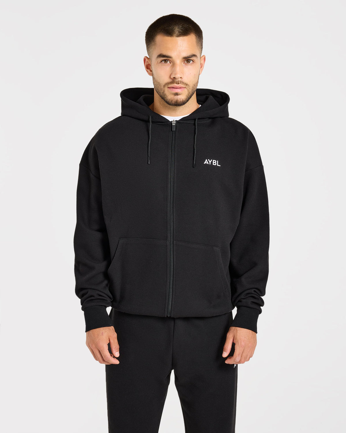 Waffle Oversized Full Zip Hoodie - Zwart