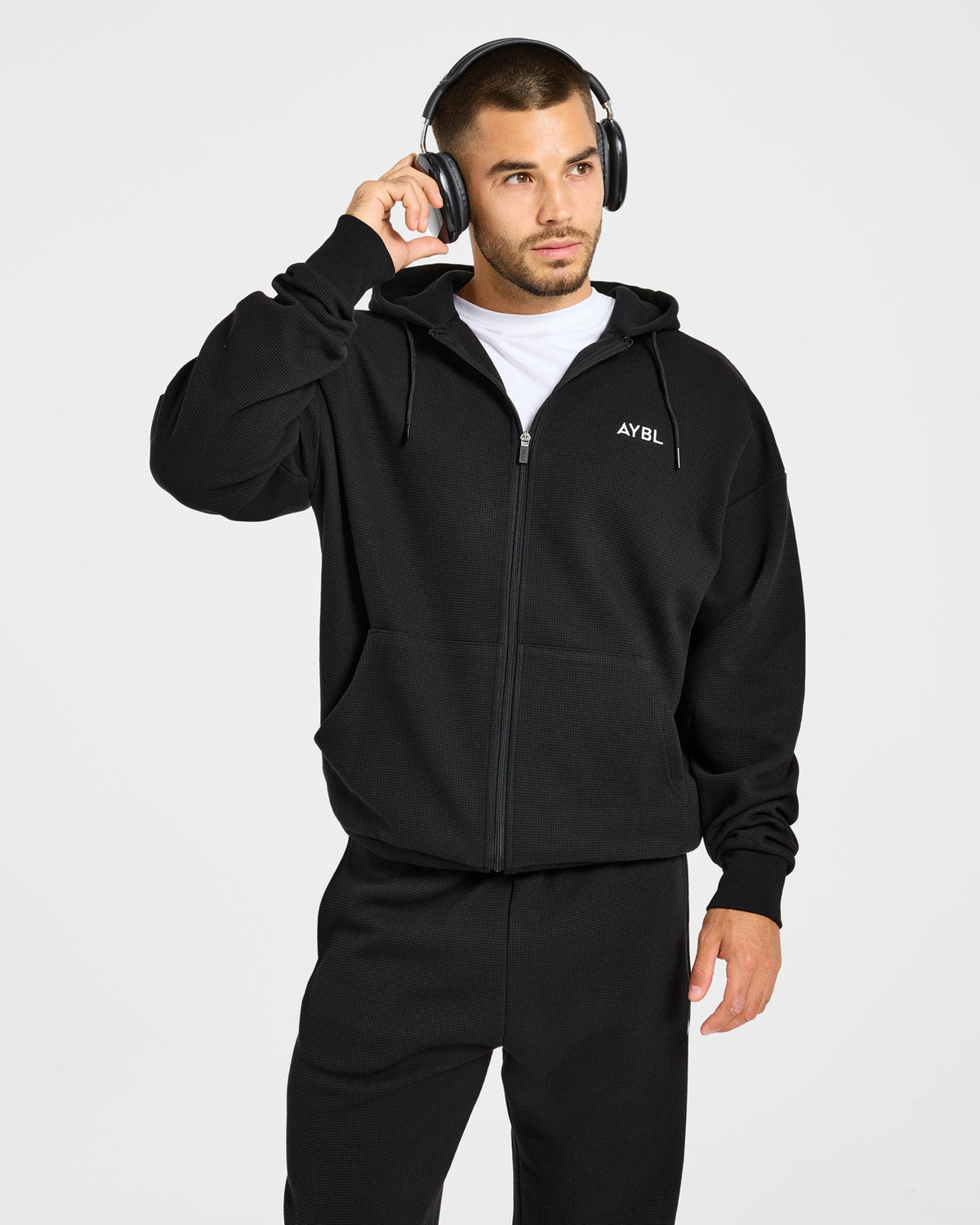 Waffle Oversized Full Zip Hoodie - Zwart