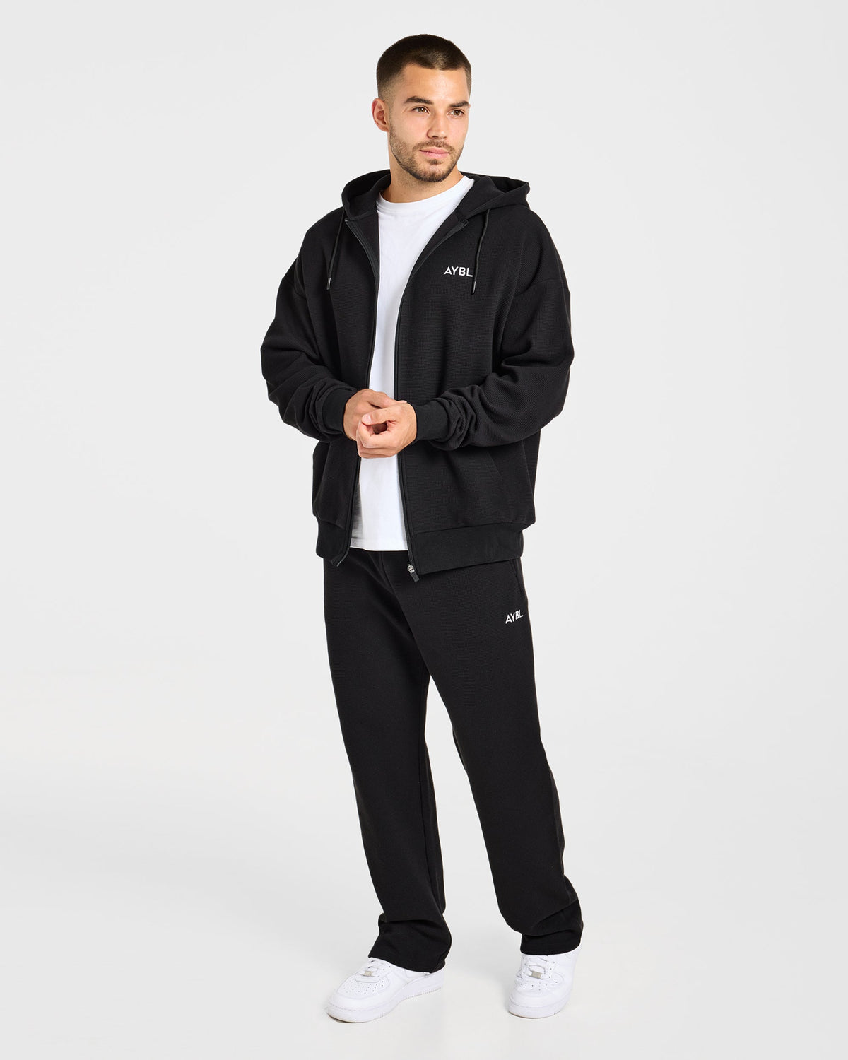 Waffle Oversized Full Zip Hoodie - Zwart