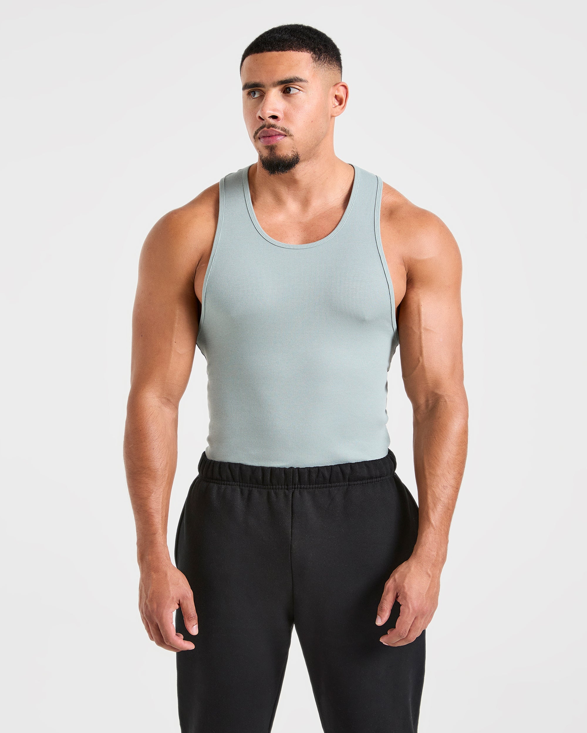 Muscle Ribbed Tank - Stone Blauw