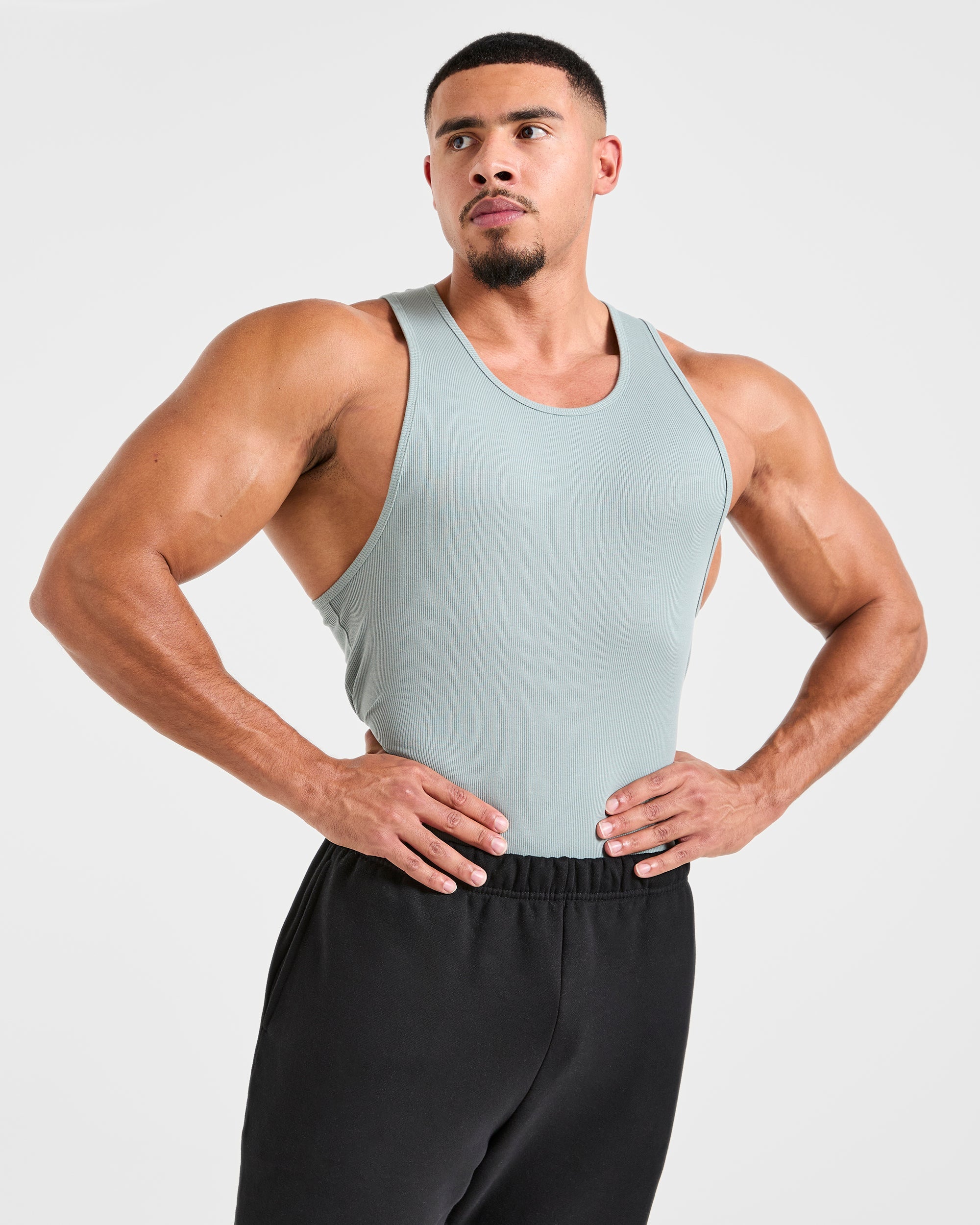 Muscle Ribbed Tank - Stone Blauw