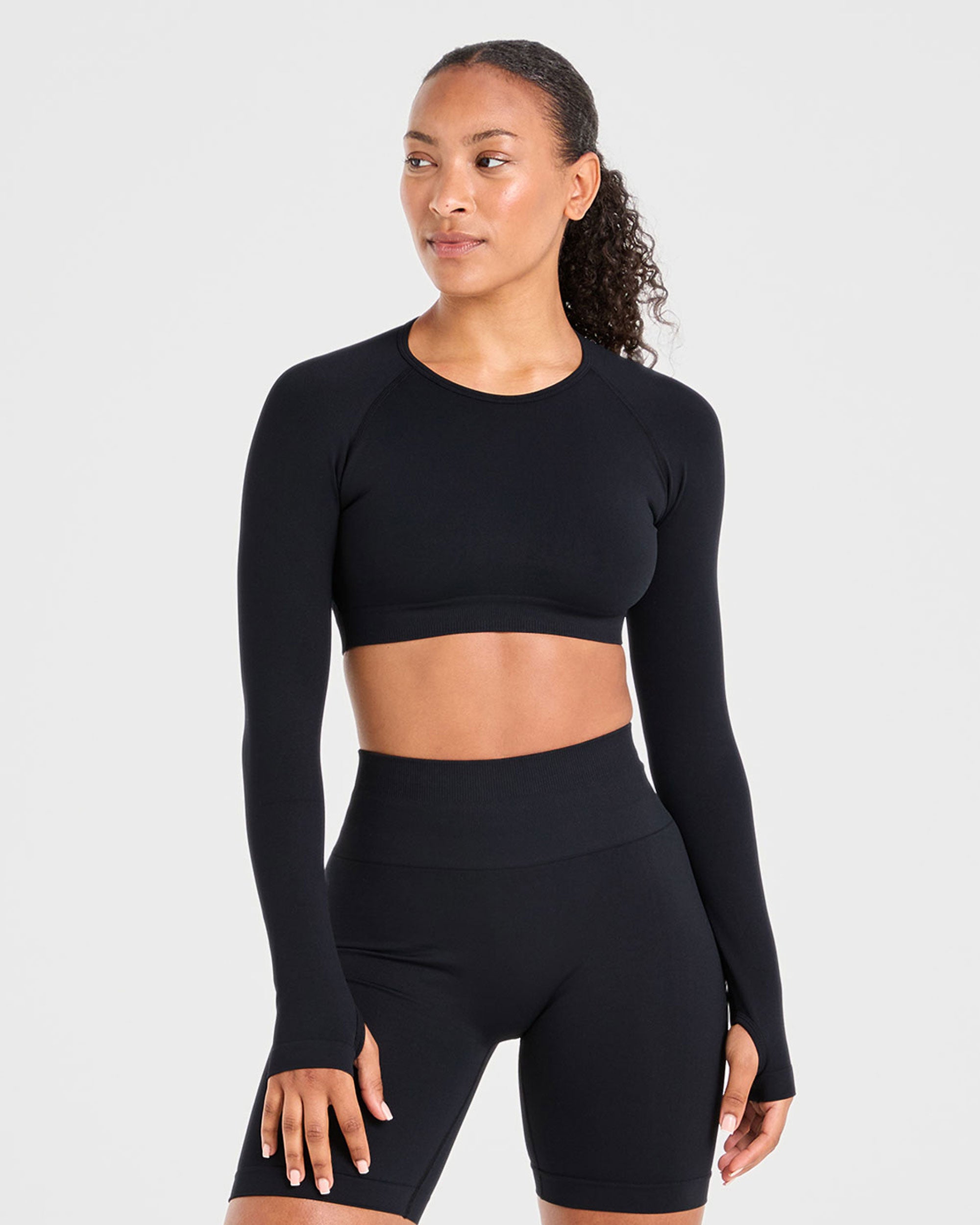 Power Seamless Long Sleeve Crop Top - Zwart