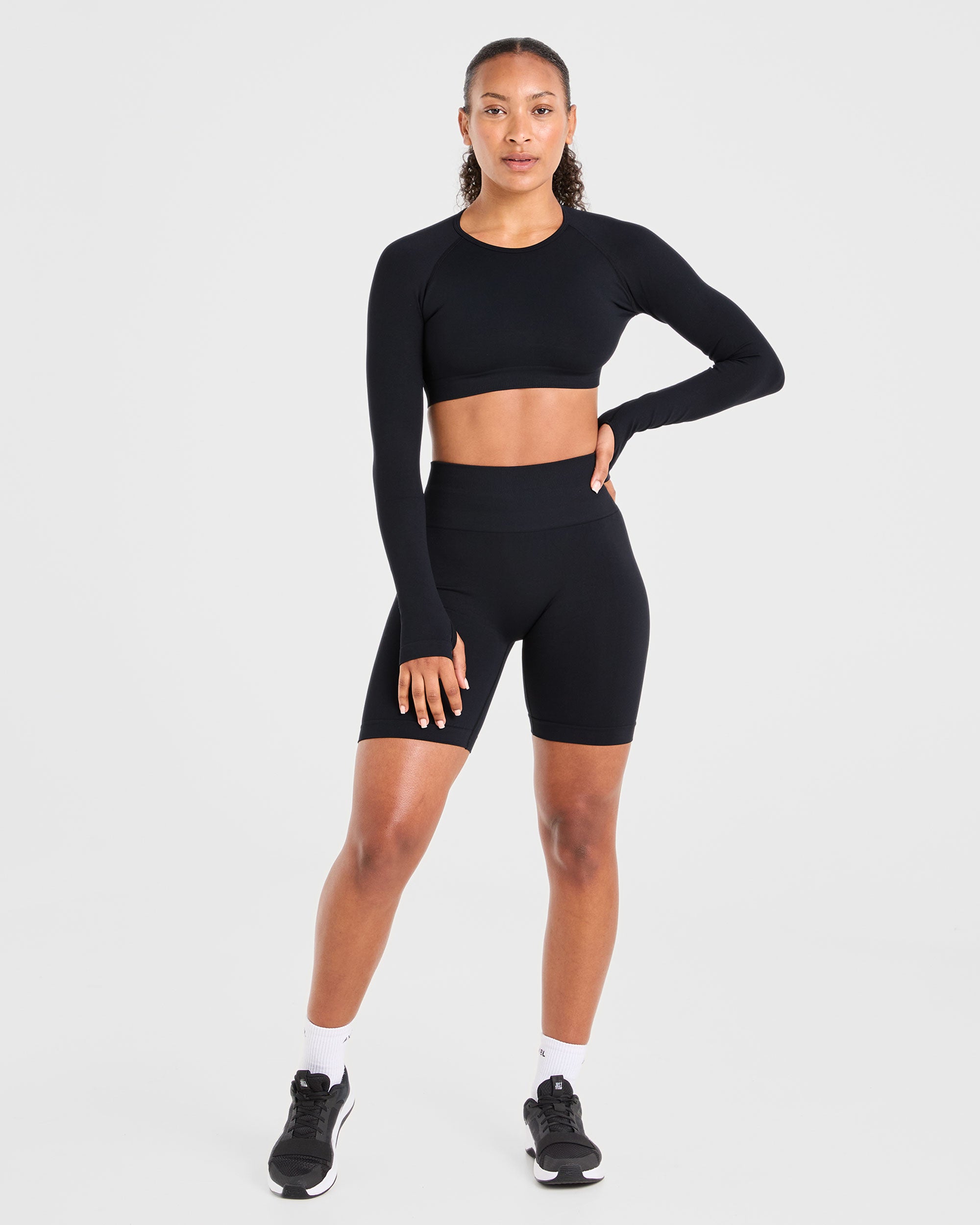 Power Seamless Long Sleeve Crop Top - Zwart