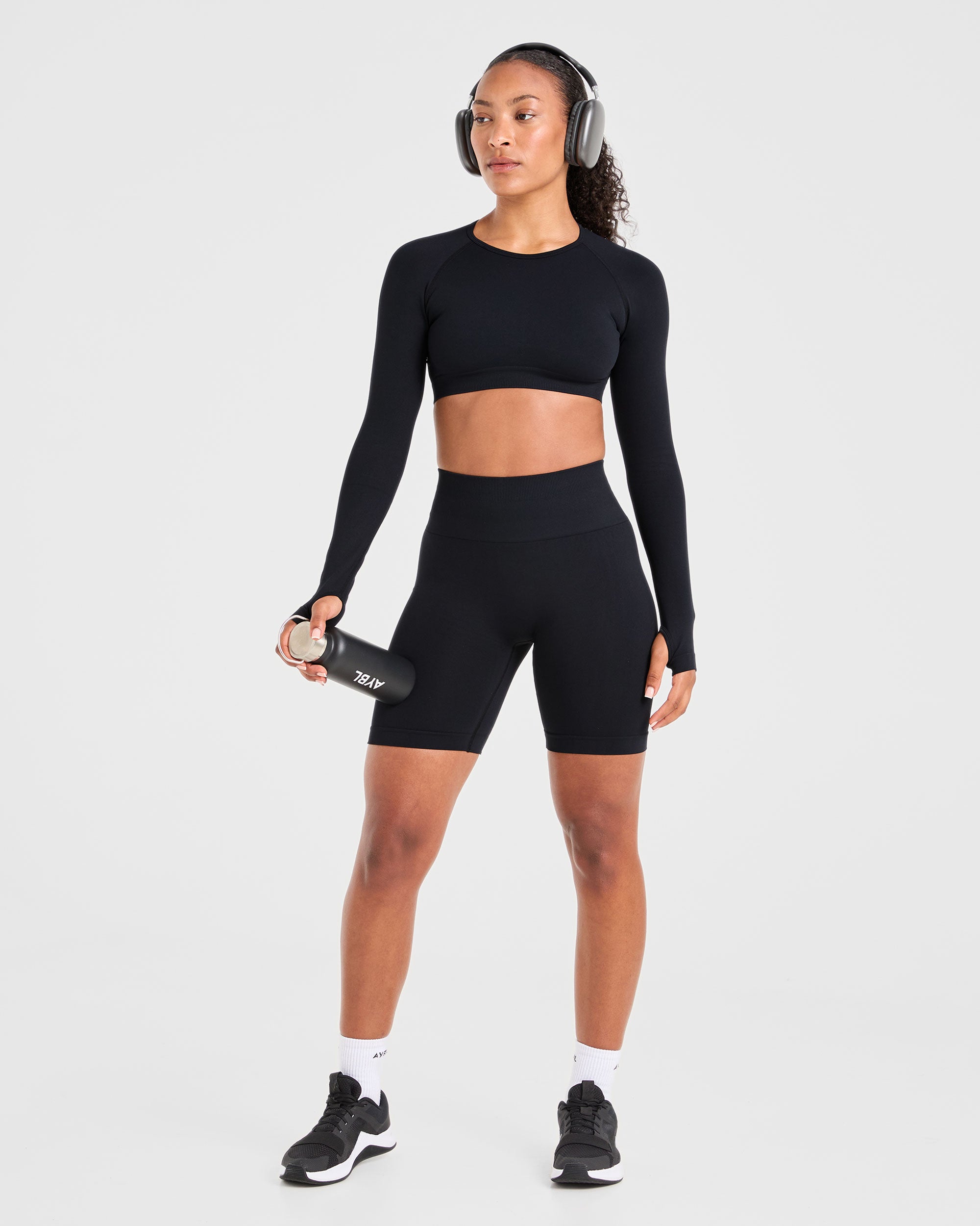 Power Seamless Long Sleeve Crop Top - Zwart