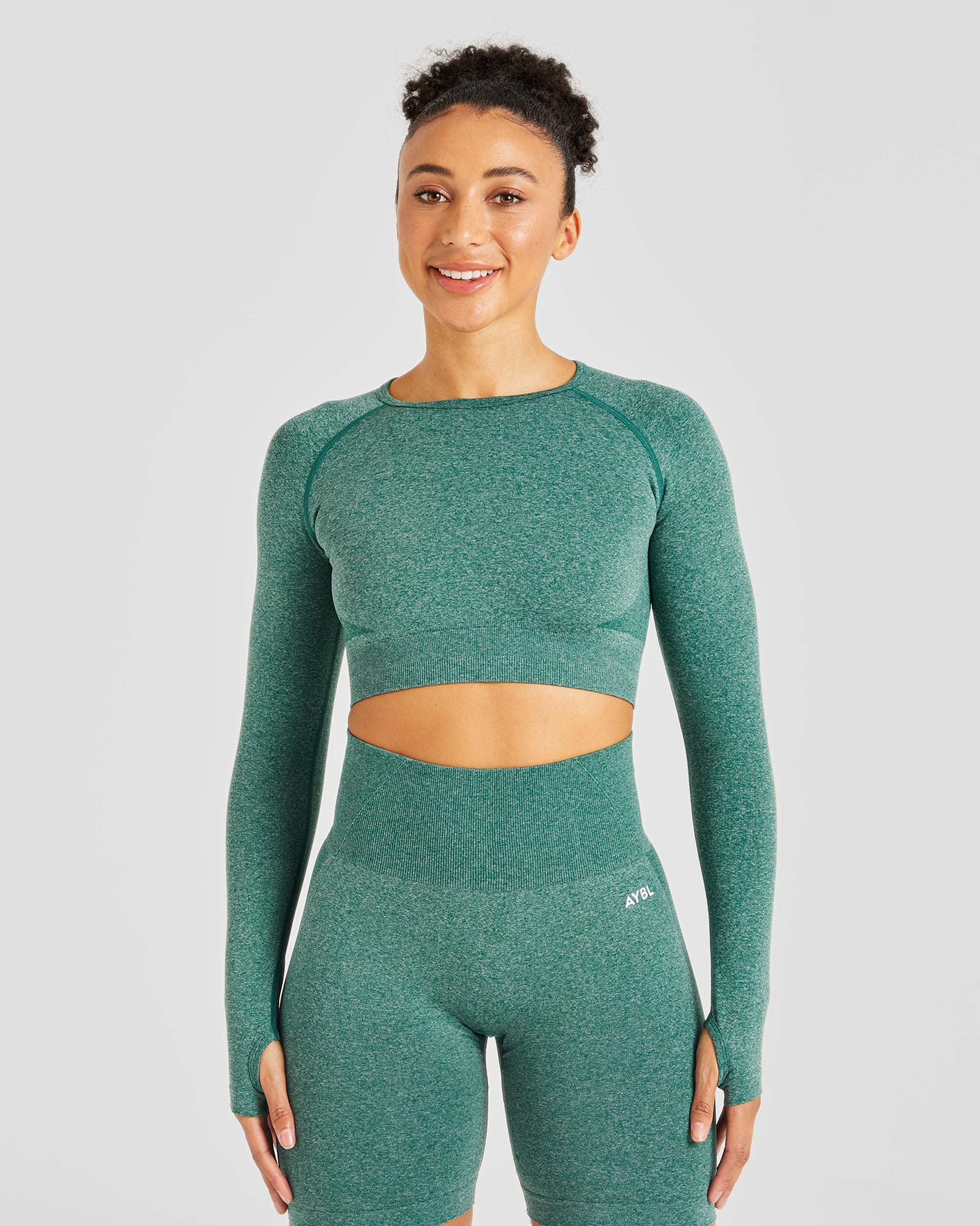 Empower Seamless Long Sleeve Crop Top - Forest Groen Marl