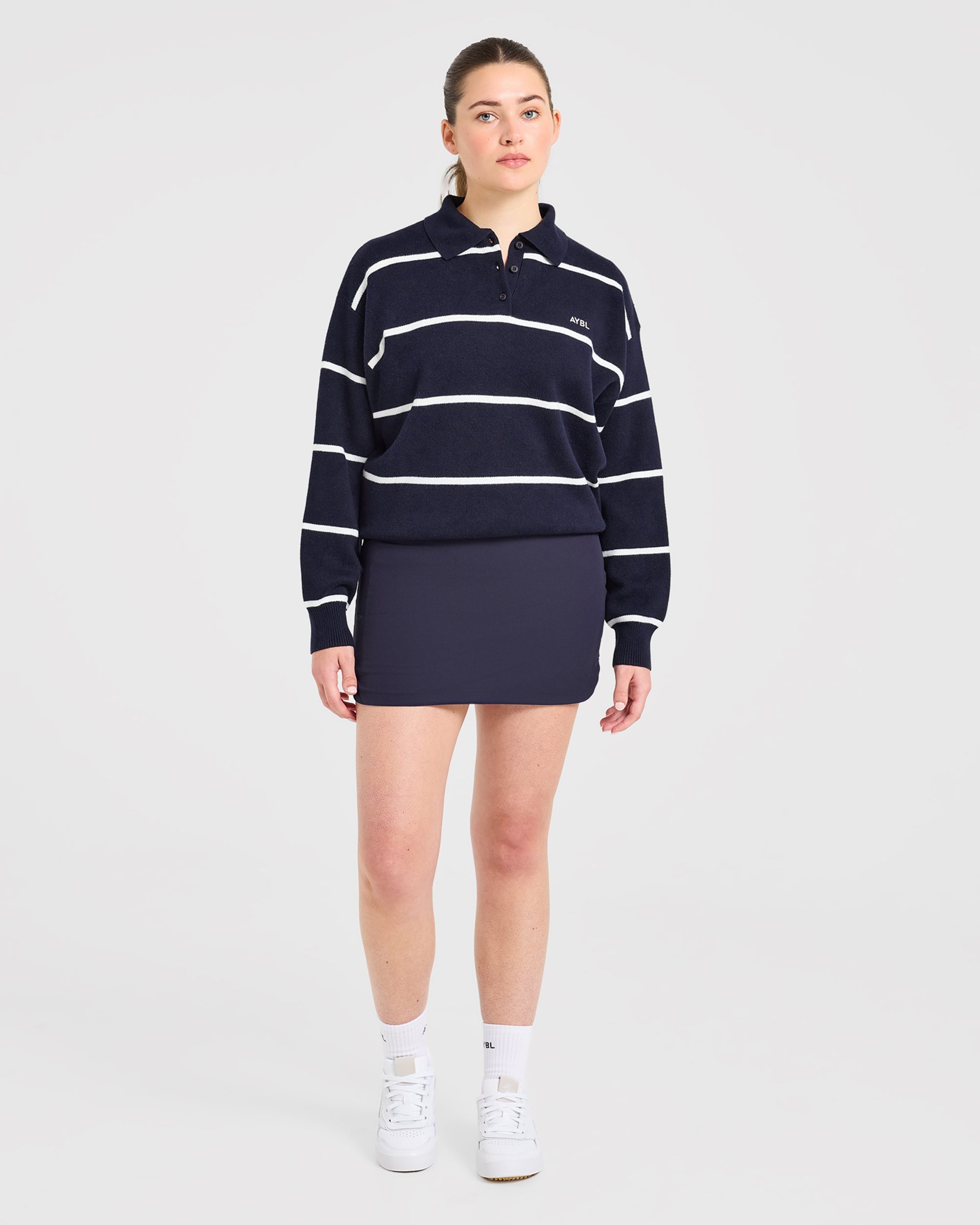 Signature Relaxed Knitted Polo - Navy/Wit