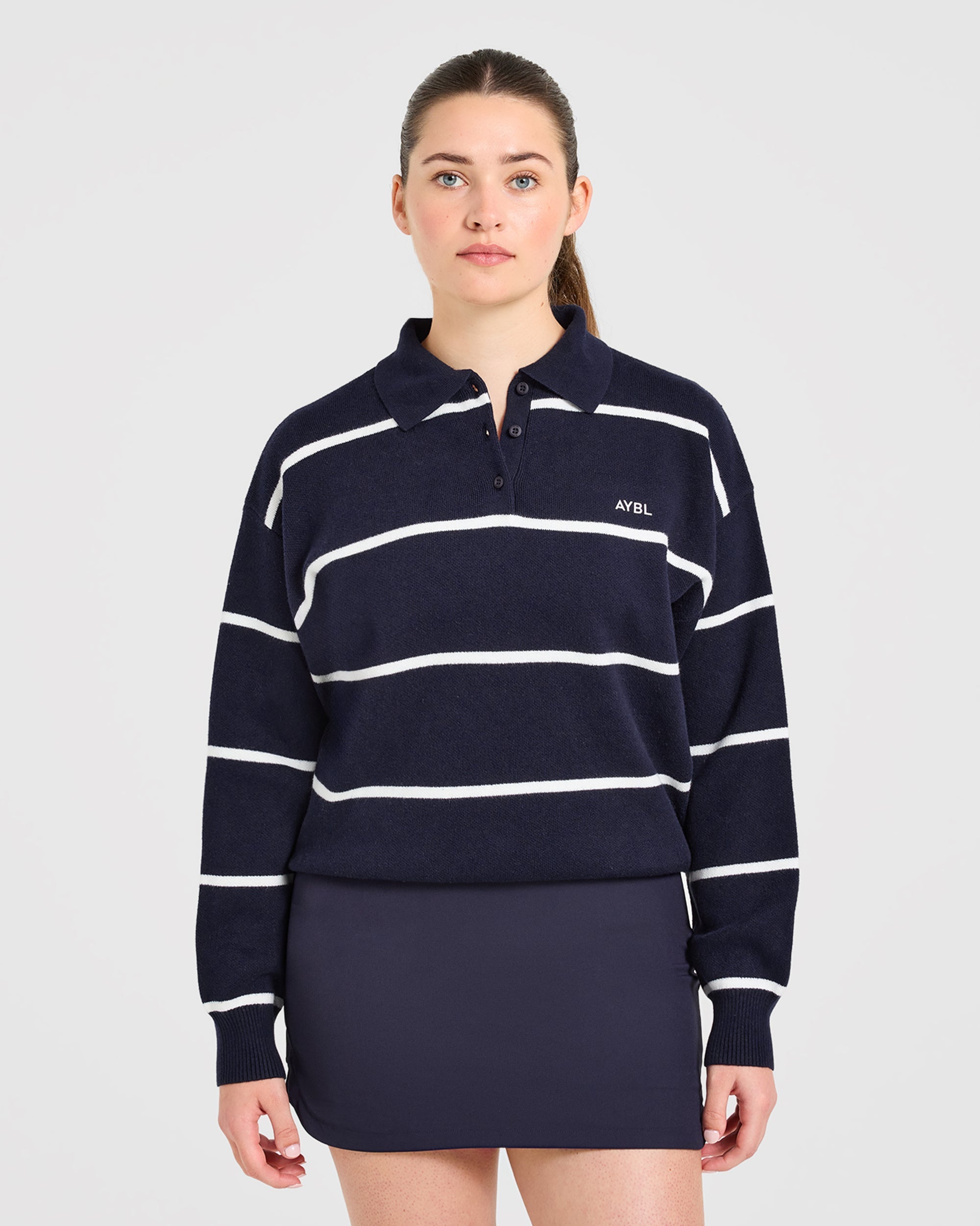 Signature Relaxed Knitted Polo - Navy/Wit