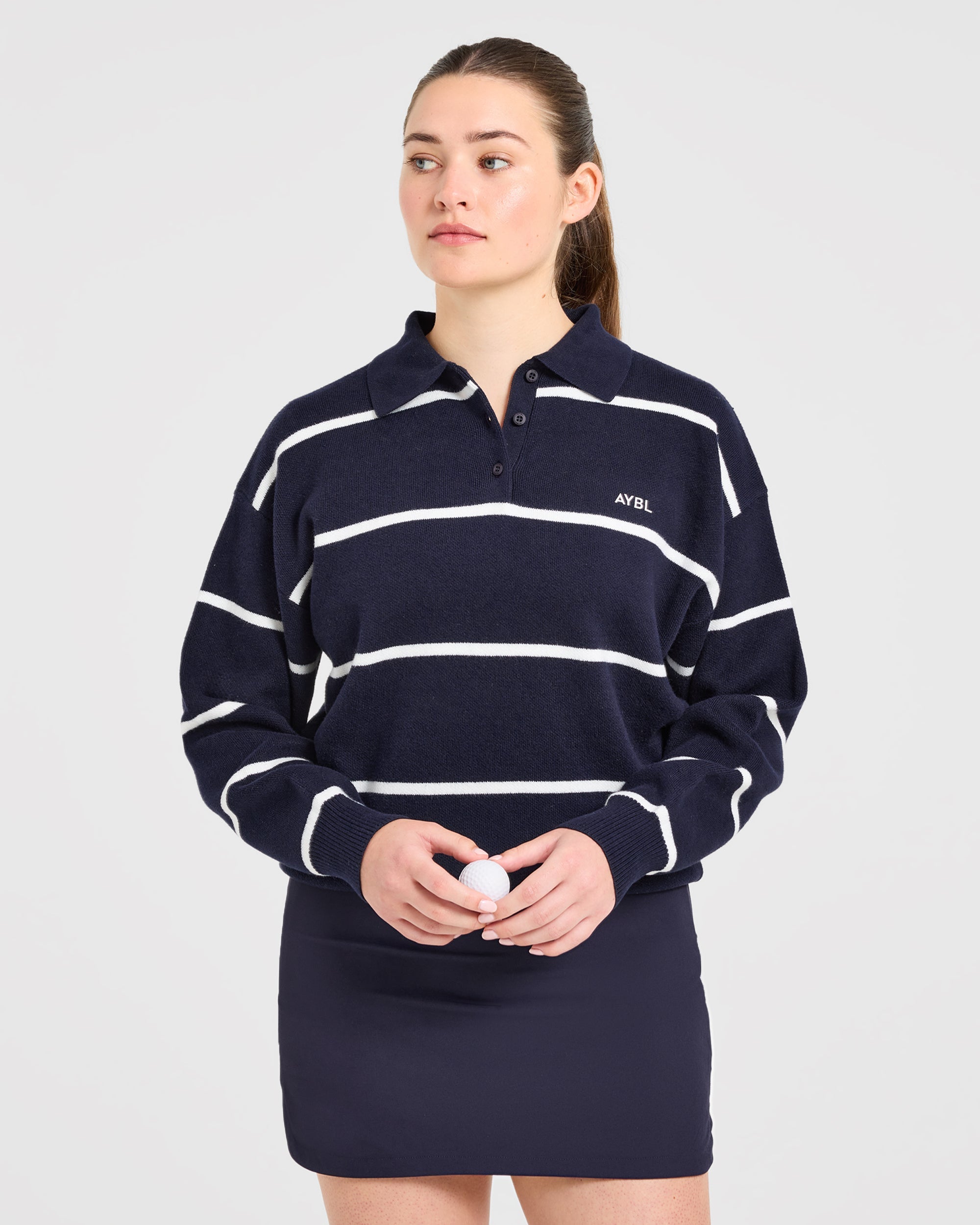 Signature Relaxed Knitted Polo - Navy/Wit
