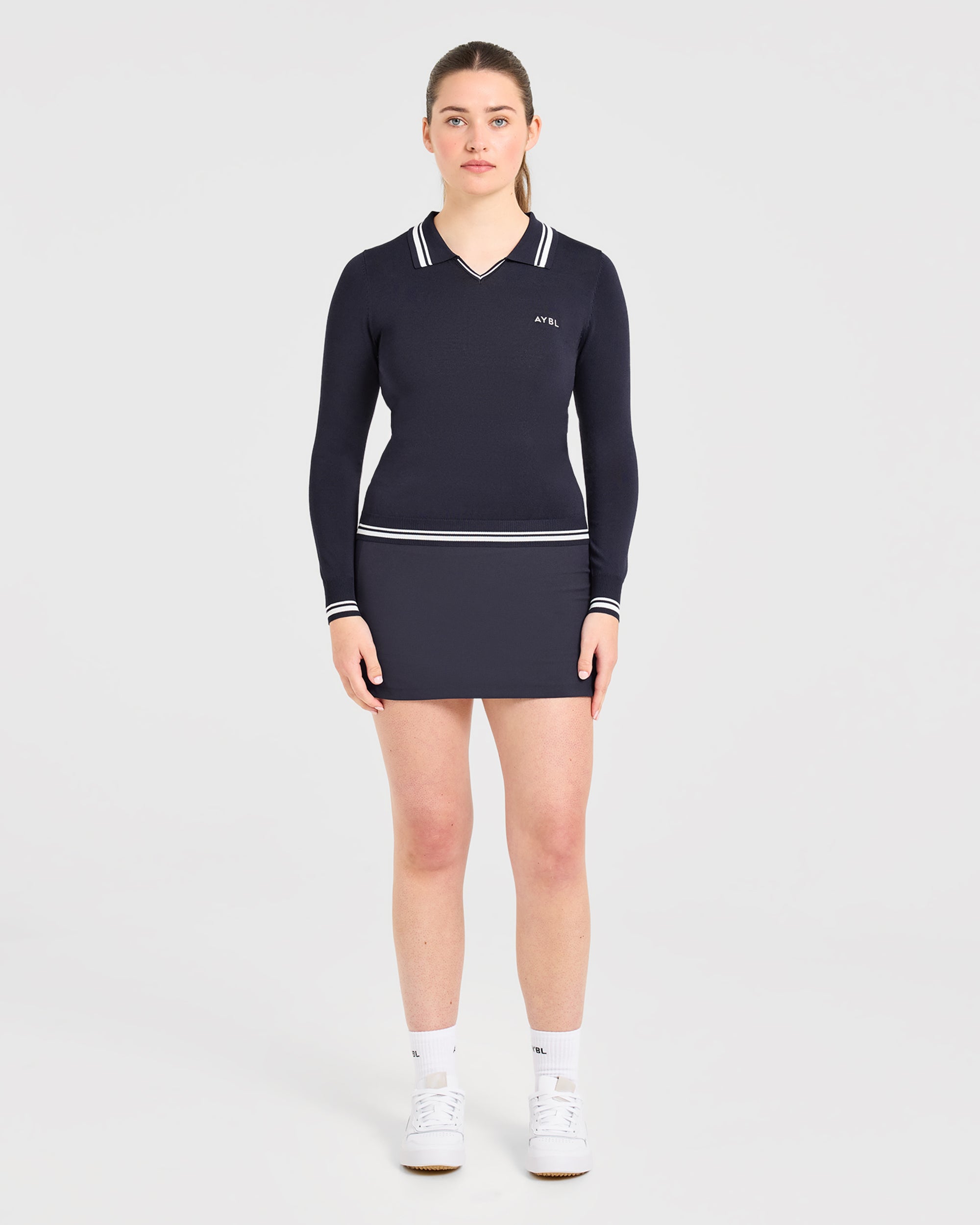 Classic Knitted Long Sleeve Polo - Navy