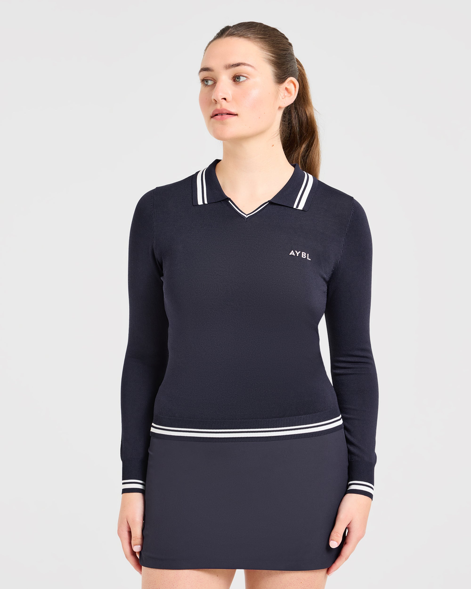Classic Knitted Long Sleeve Polo - Navy