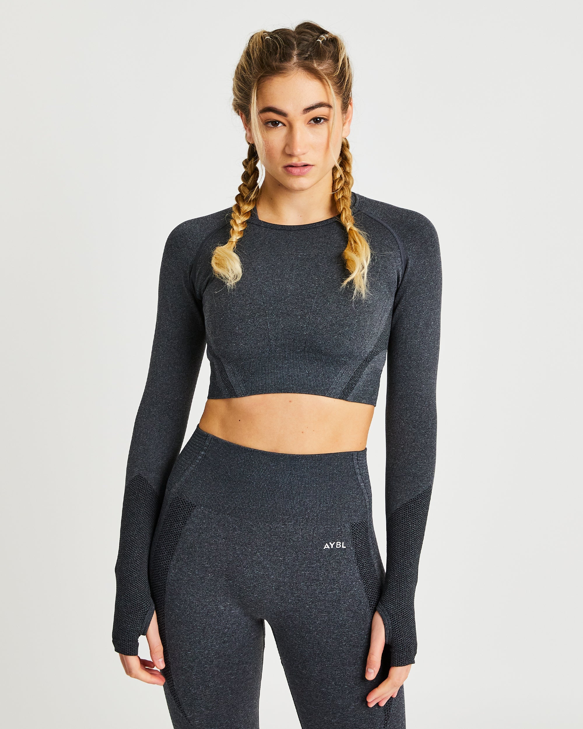 Balance V2 Seamless Long Sleeve Crop Top - Speckle Zwart