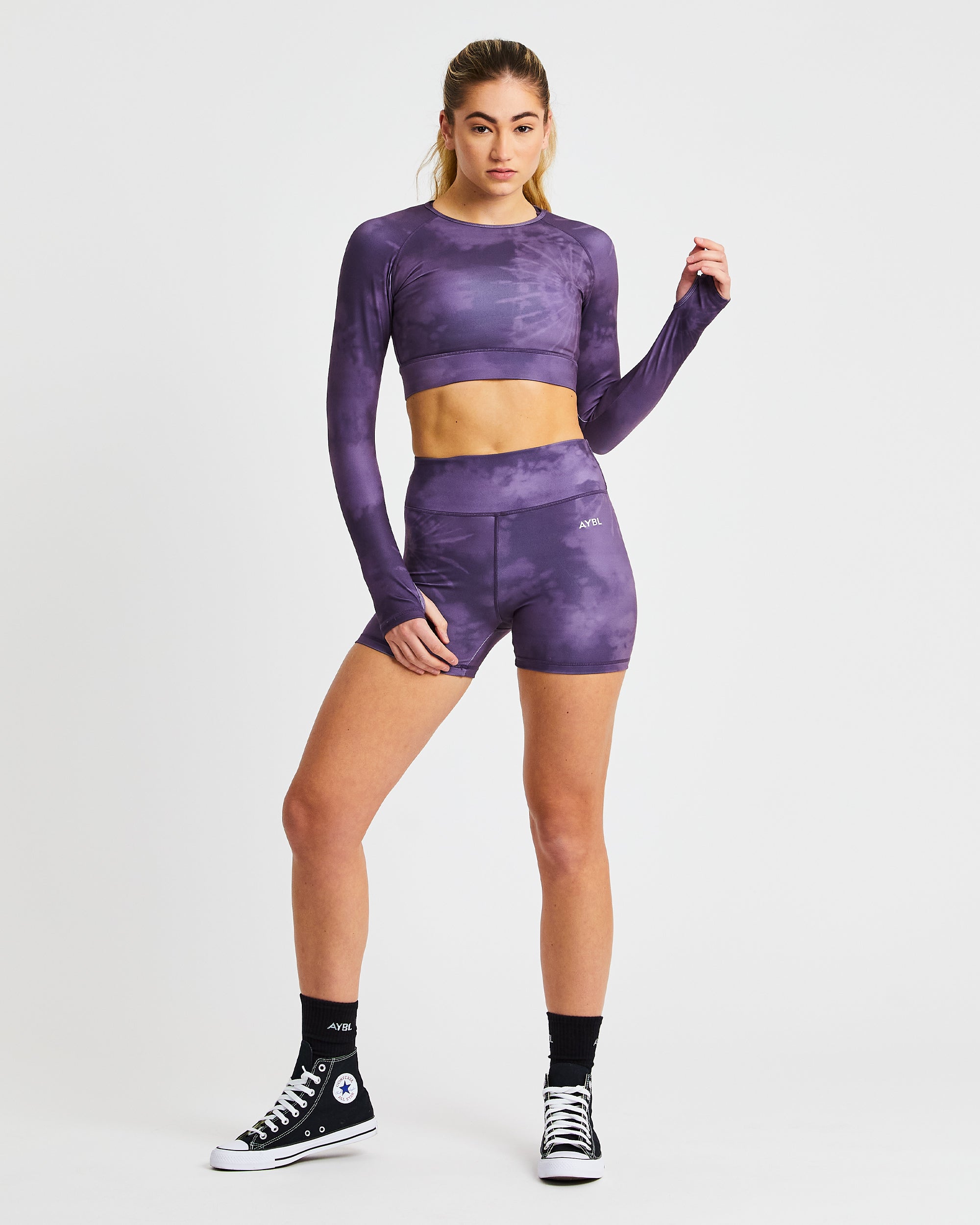 Core Long Sleeve Crop Top - Paars Tie Dye