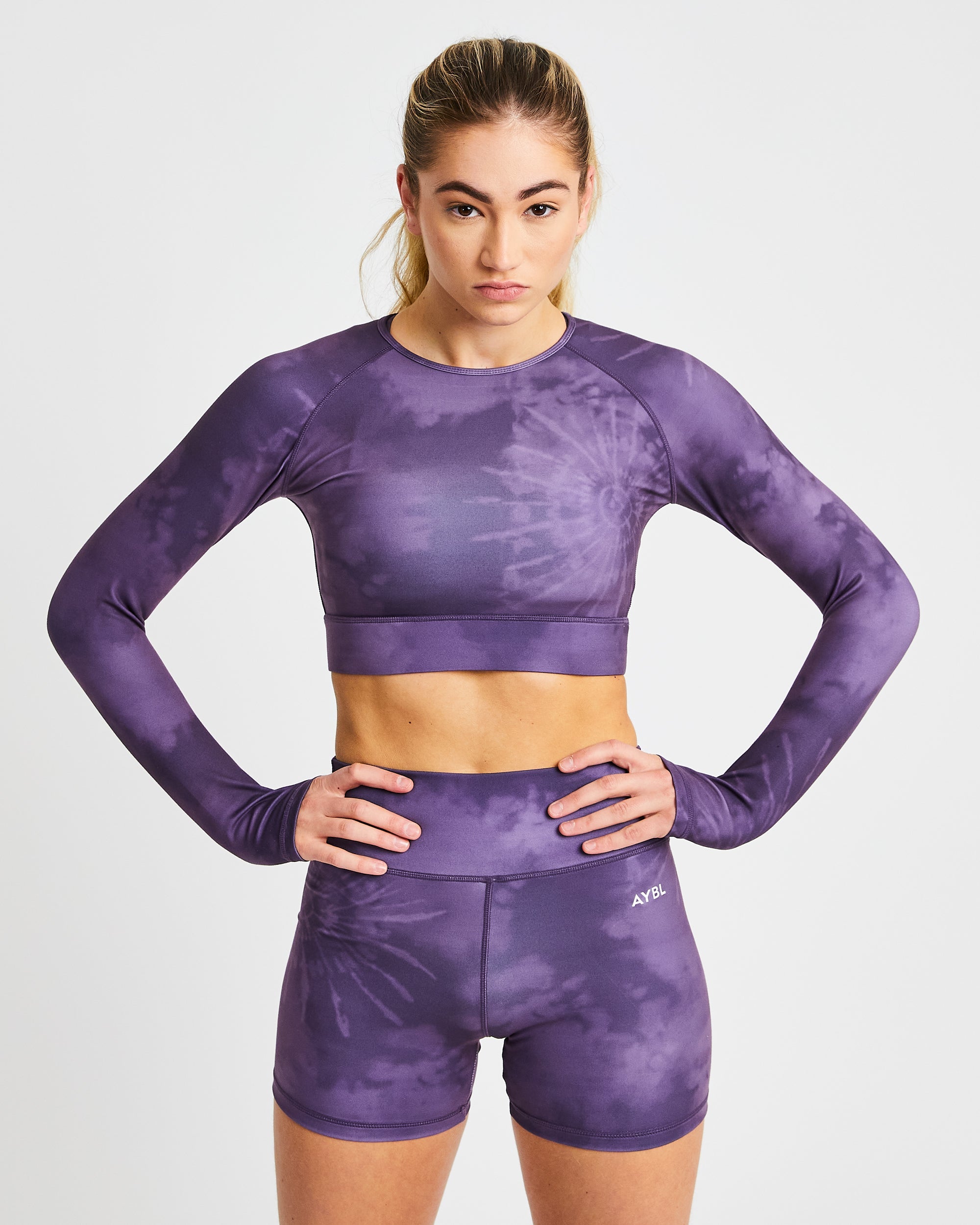 Core Long Sleeve Crop Top - Paars Tie Dye